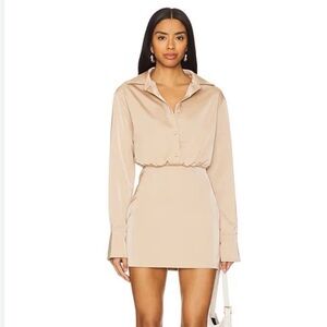 ALL THE WAYS Rosie Mini Satin Champagne Beige Shirt Dress Buttons Side Zip NWT